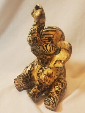 La Vie Vintage Hand-Painted Ceramic Elephant Sculpture Gold and Black Patchwork